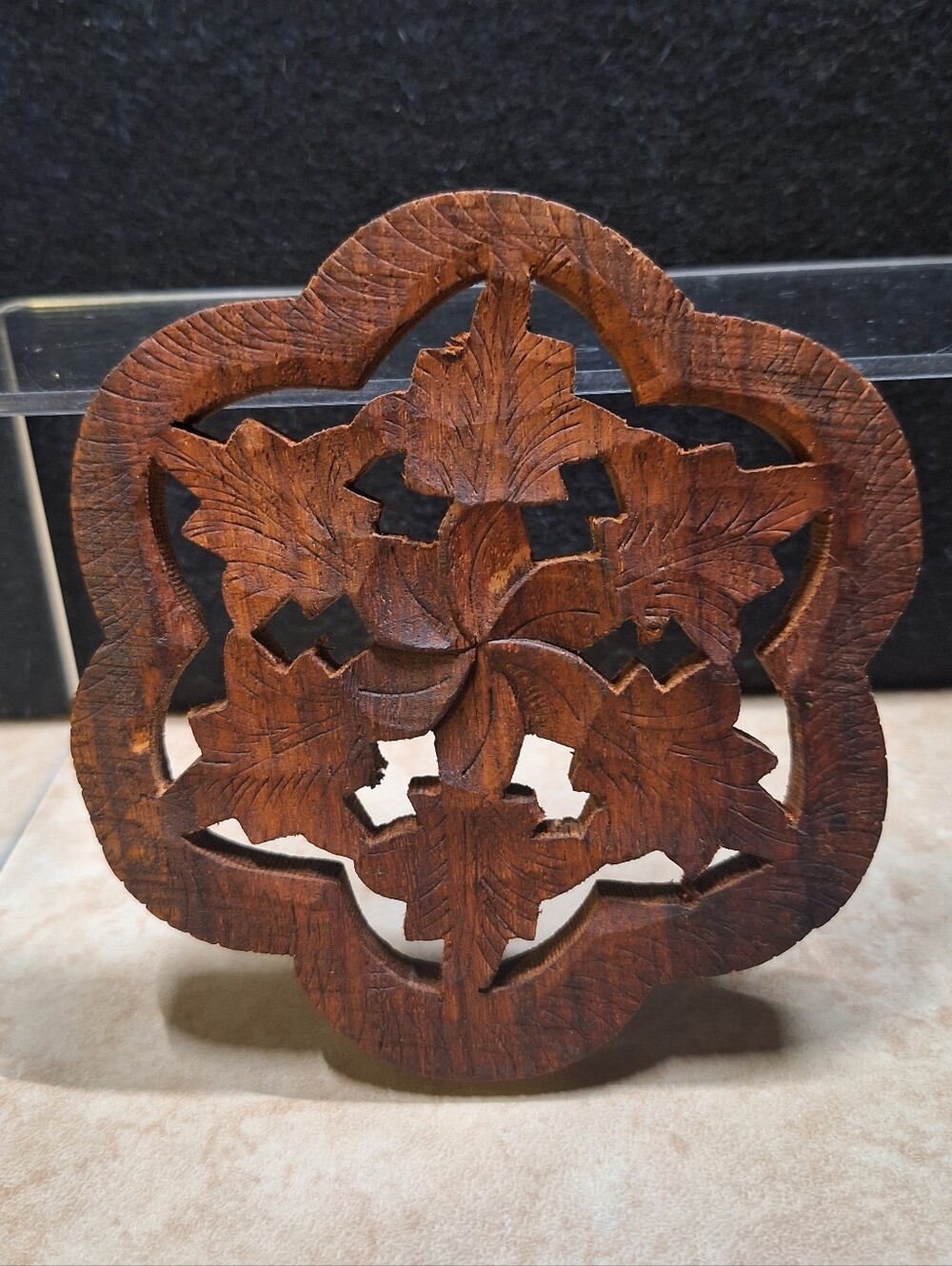 Boho Hand Carved Wood Trivet Plant Stand Hot Pad Floral Inlaid India Lot (3) VTG - Picture 8 of 11